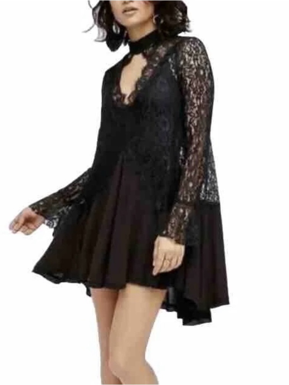 Free People Tell Tale Black Lace Long Sleeve Tunic, Mini Dress Bell Sleeves Boho - Picture 3 of 9